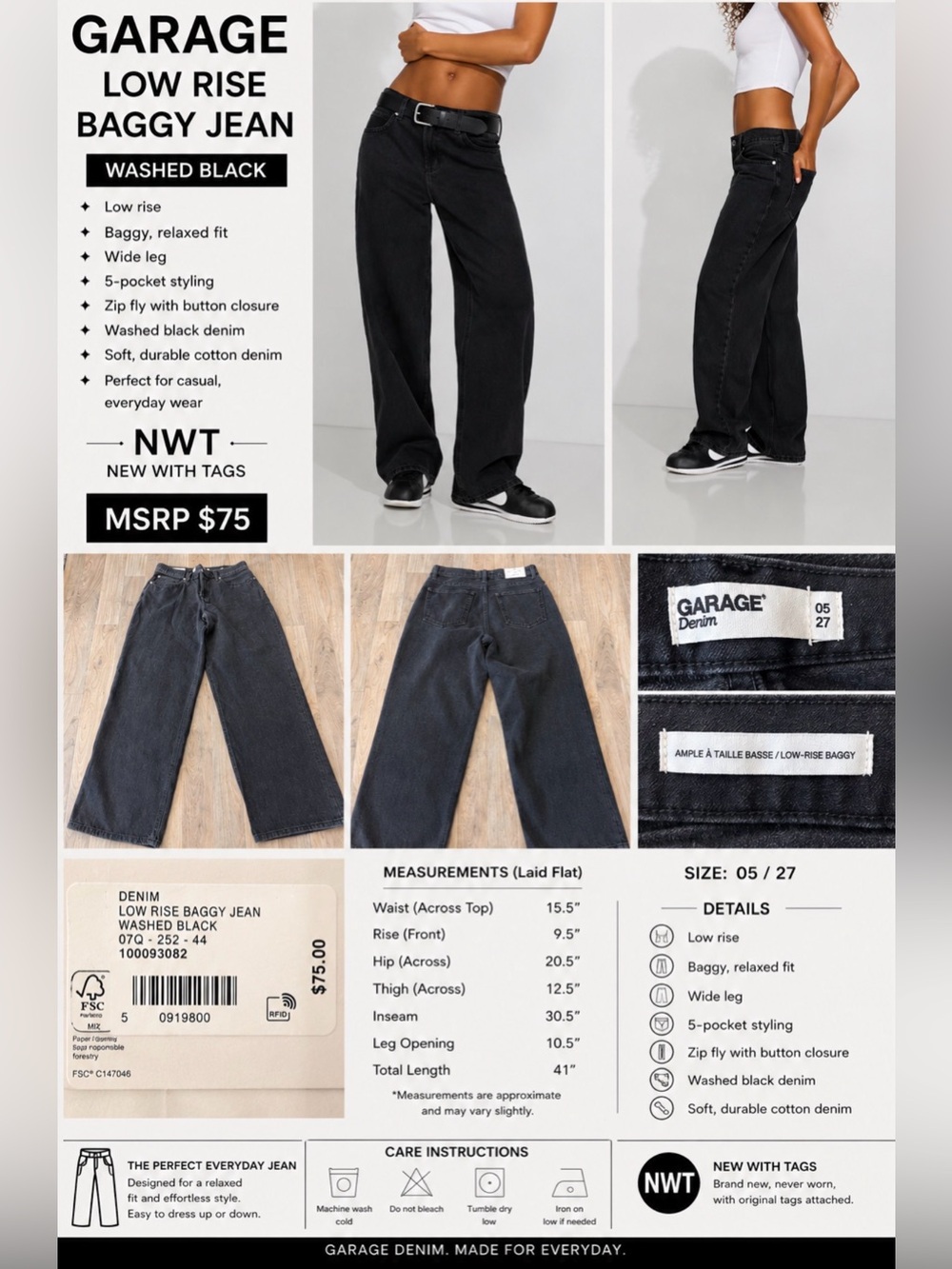 Garage Denim Low Rise Baggy Jeans – Washed Black – Size 05 / 27 – NWT